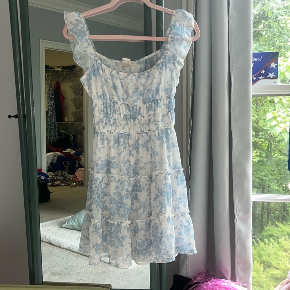 blue and white floral altar’d state sundress